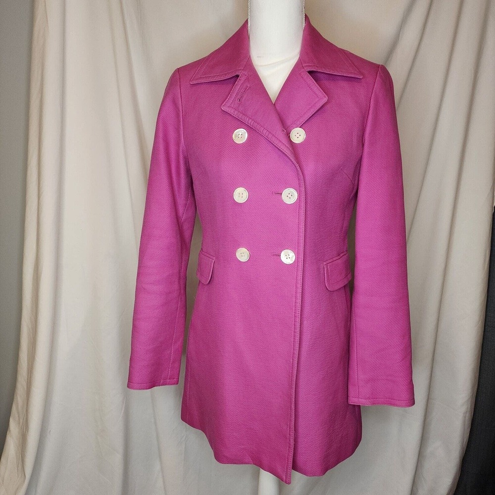 Ann Taylor Women's Dressy Double Breasted Pea Coat XS Cotton Bright Pink Fuchsia